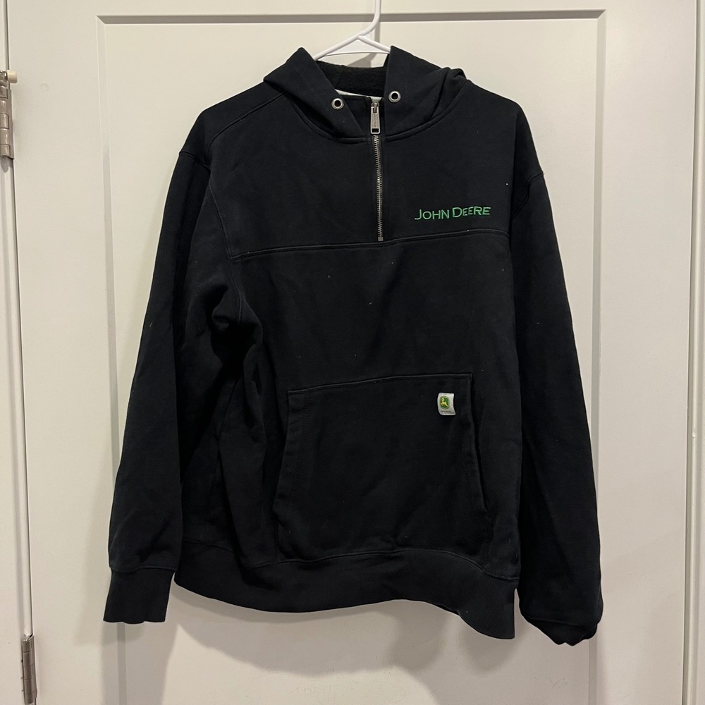 John Deere Mens Black Quarter Zip Pullover Hoodie Sweatshirt Logo Large
